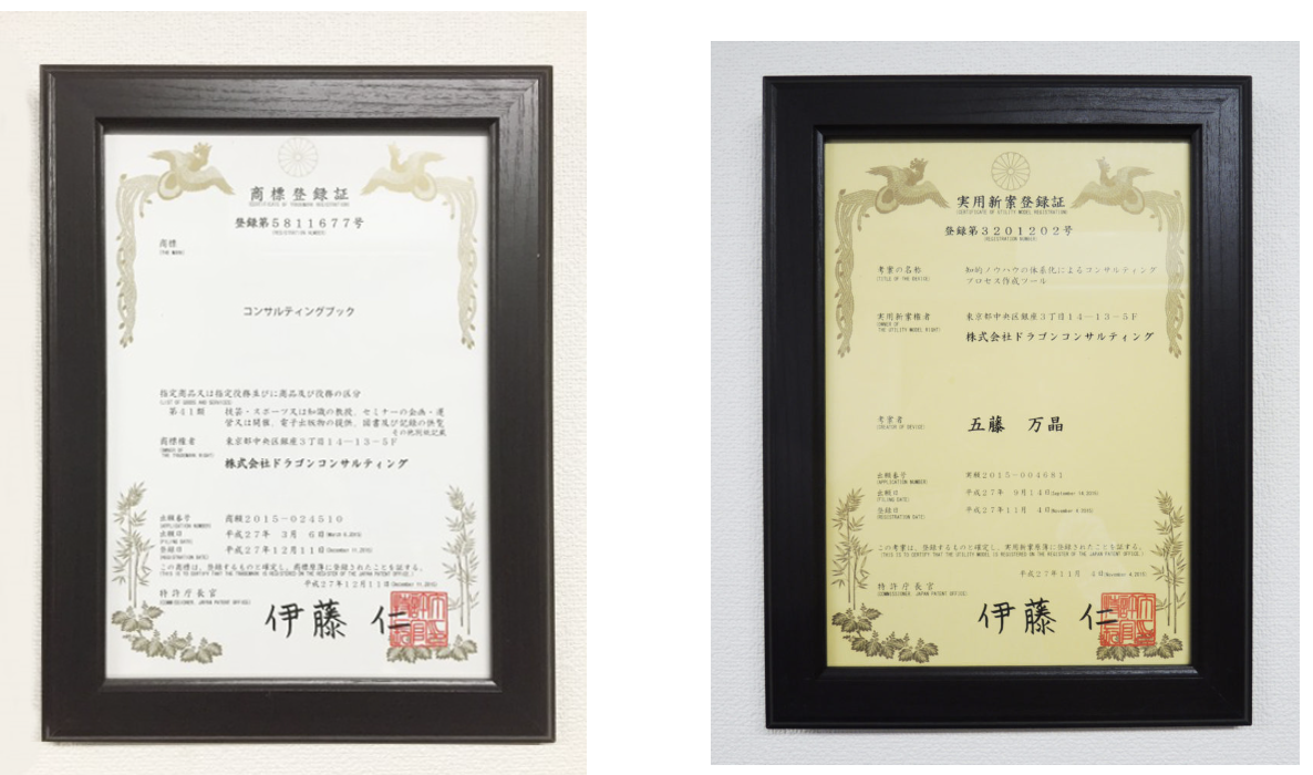 ご提供の商標登録証・実用新案登録証。権利の存続・更新状況は確認中です。